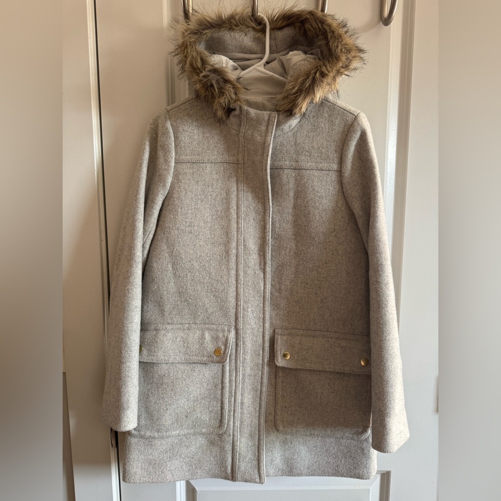 J. Crew Light Gray Coat with Faux Fur Hood NWOT